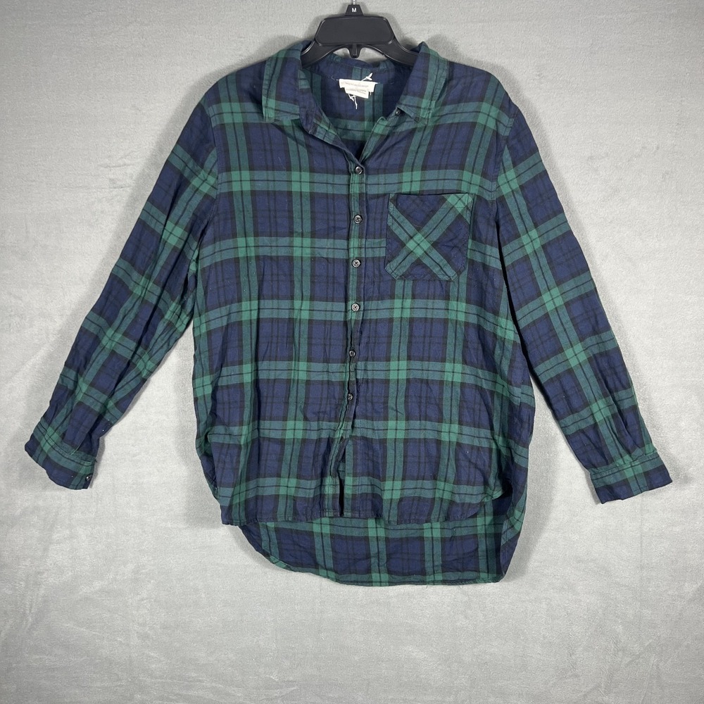 Beachlunchlounge Women's‎ L Plaid Flannel Shirt Navy Blue Green Button Down